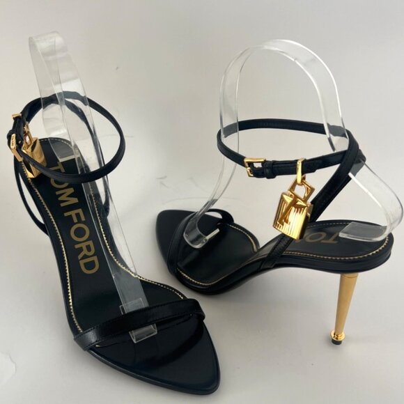 Tom Ford Padlock Naked Pointy Toe Black Leather Sandals Size 37.5 US7.5 - Picture 3 of 15
